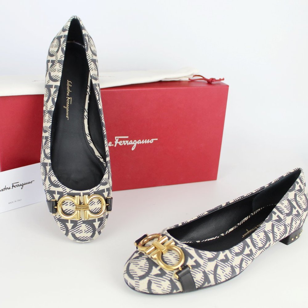 NEW Salvatore Ferragamo Garda 10 Jacquard Ballet Flats, 7 C, Logo-Embellished